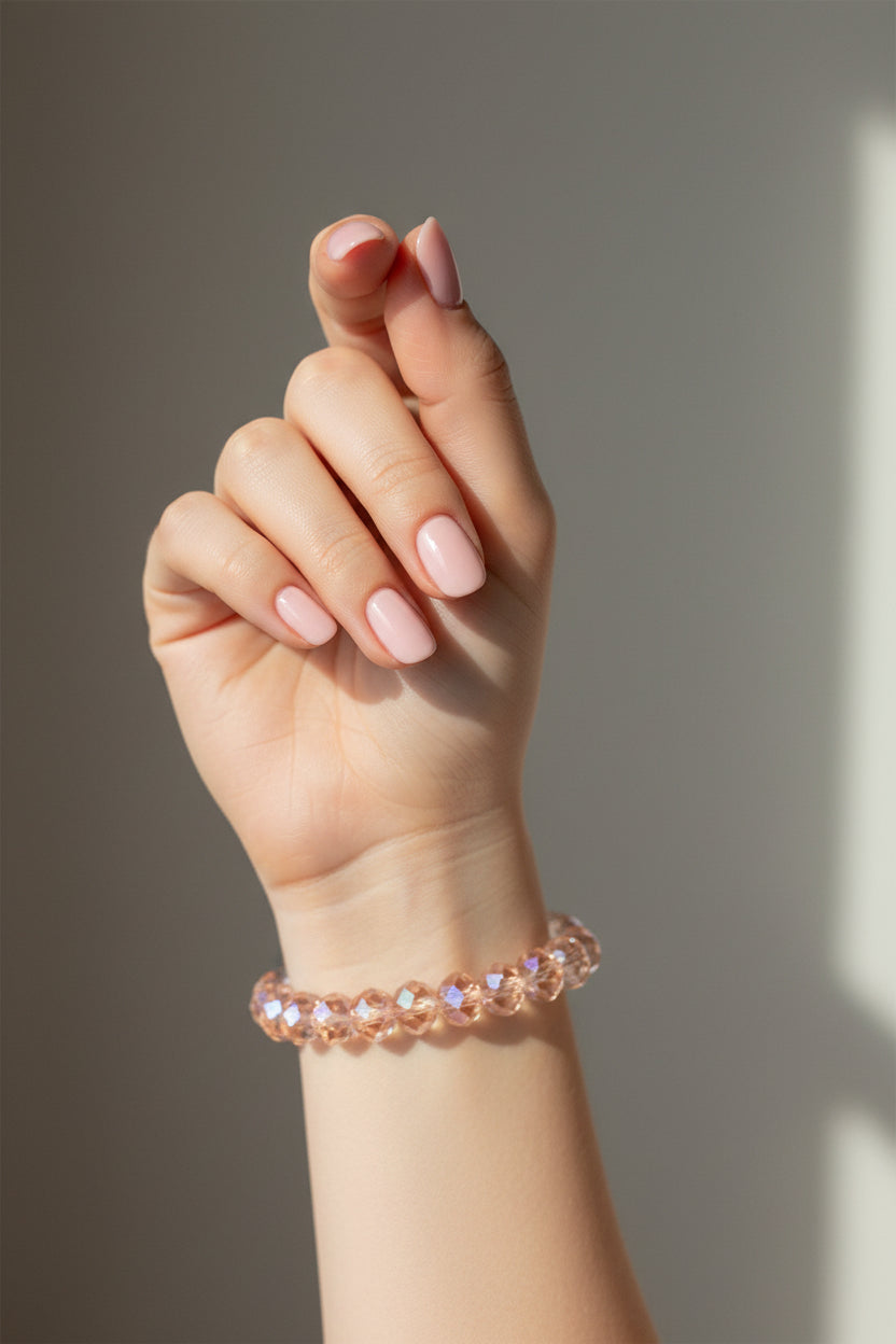 Beaded bracelet with shiny peachy colored beads. 