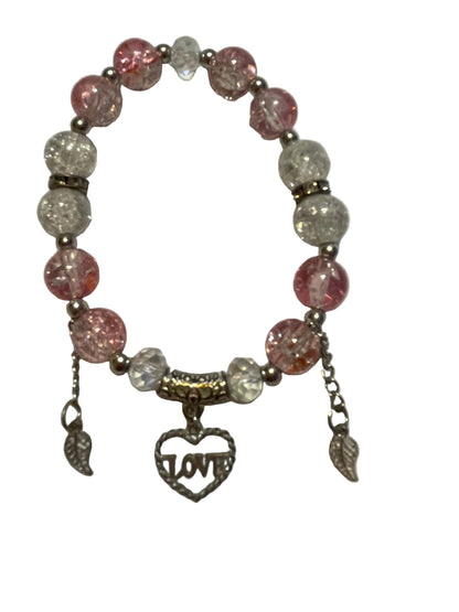 Bracelet with pink and clear beads and a 'LOVE' charm