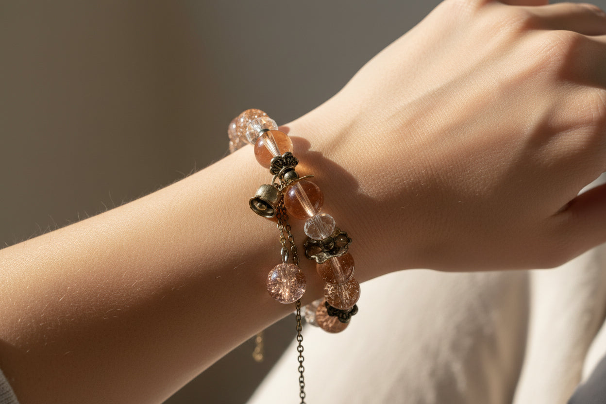 Bracelet with pink and clear beads.