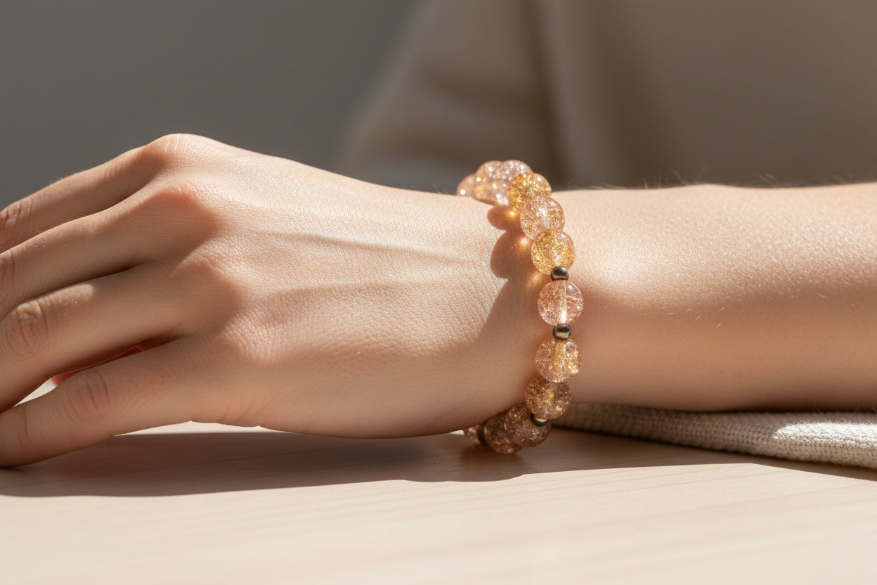 Bracelet with pink and clear beads.