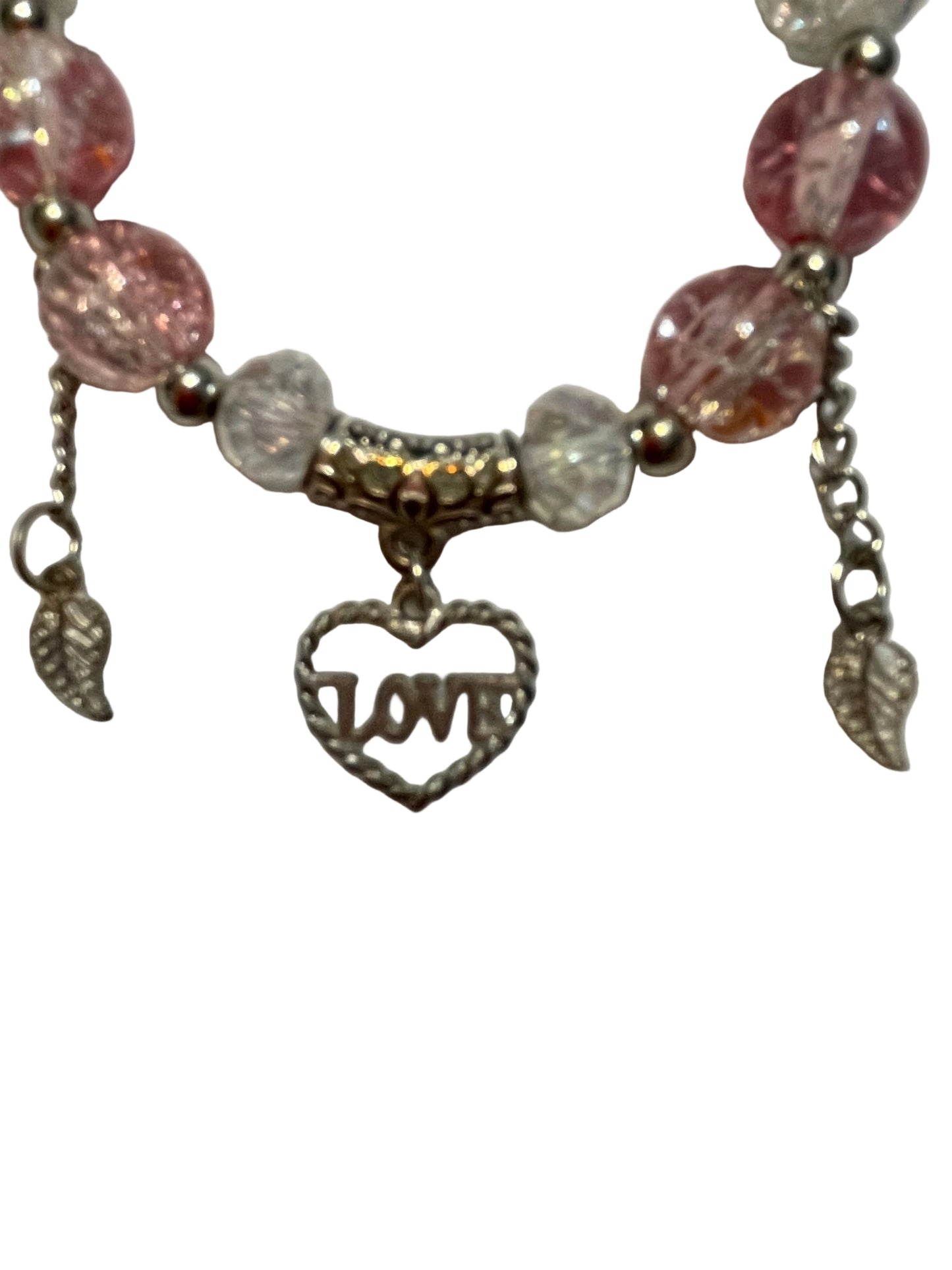 Bracelet with pink and clear beads and a 'LOVE' charm